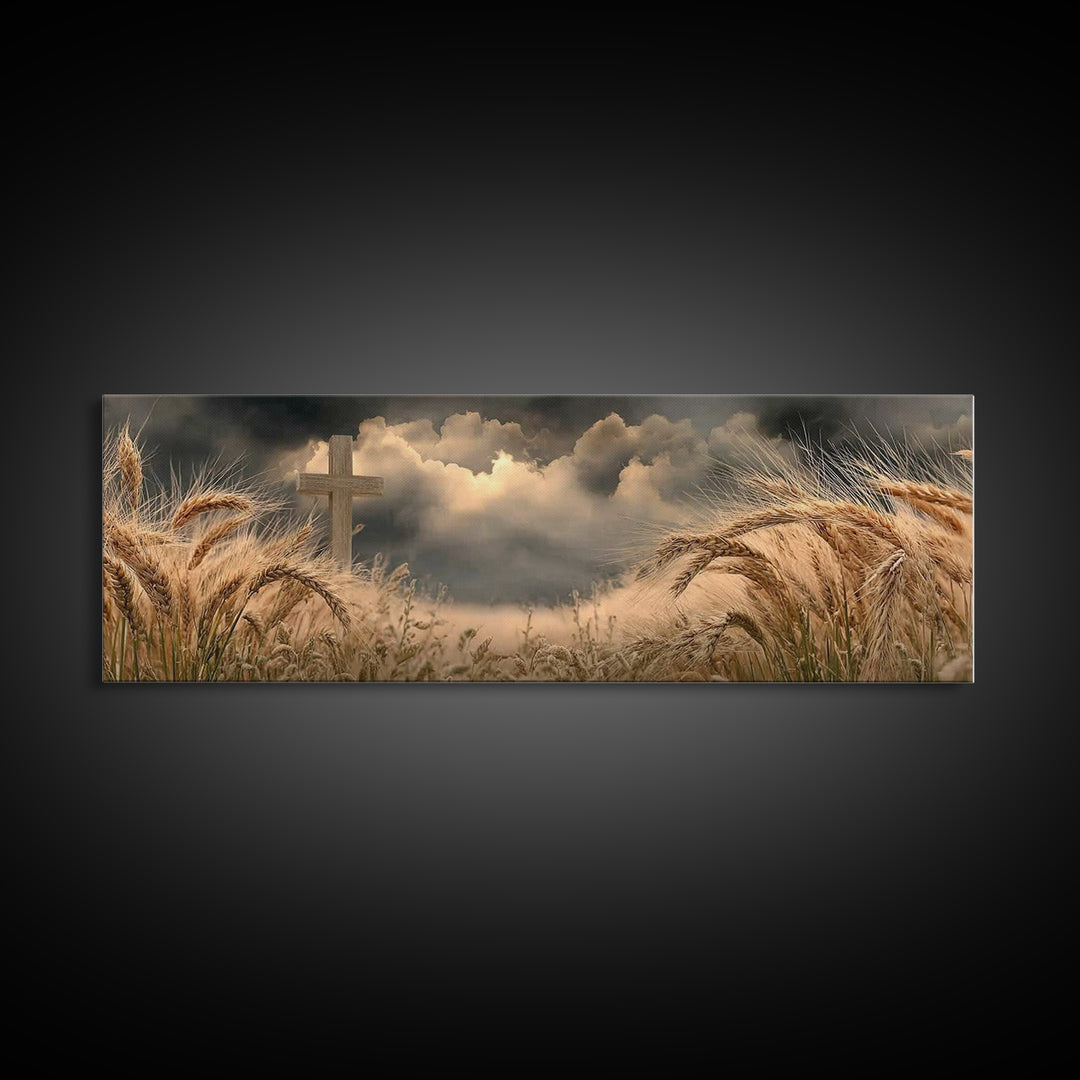 Wheatland Cross | Framed Canvas Print | Christian Wall Art | Christian Art Canvas | Panoramic Painting | Christian Art Gift