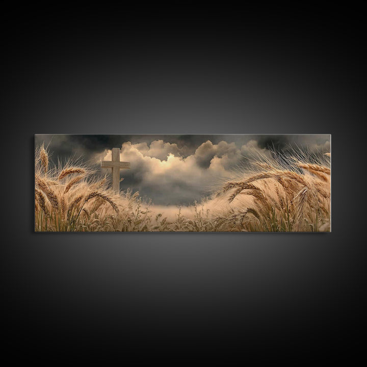 Wheatland Cross | Framed Canvas Print | Christian Wall Art | Christian Art Canvas | Panoramic Painting | Christian Art Gift