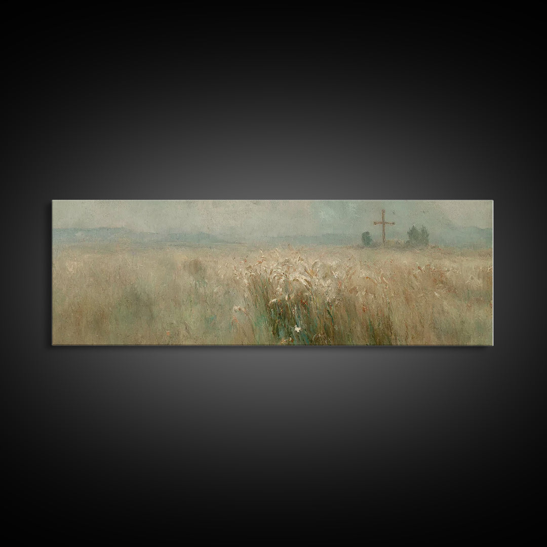 Silent Crossfield, Framed Canvas Print, Christian Wall Art, Christian Art Canvas, Panoramic Painting, Christian Art Work