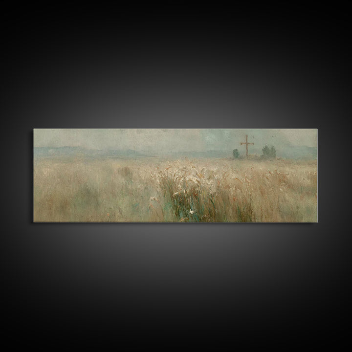 Silent Crossfield, Framed Canvas Print, Christian Wall Art, Christian Art Canvas, Panoramic Painting, Christian Art Work