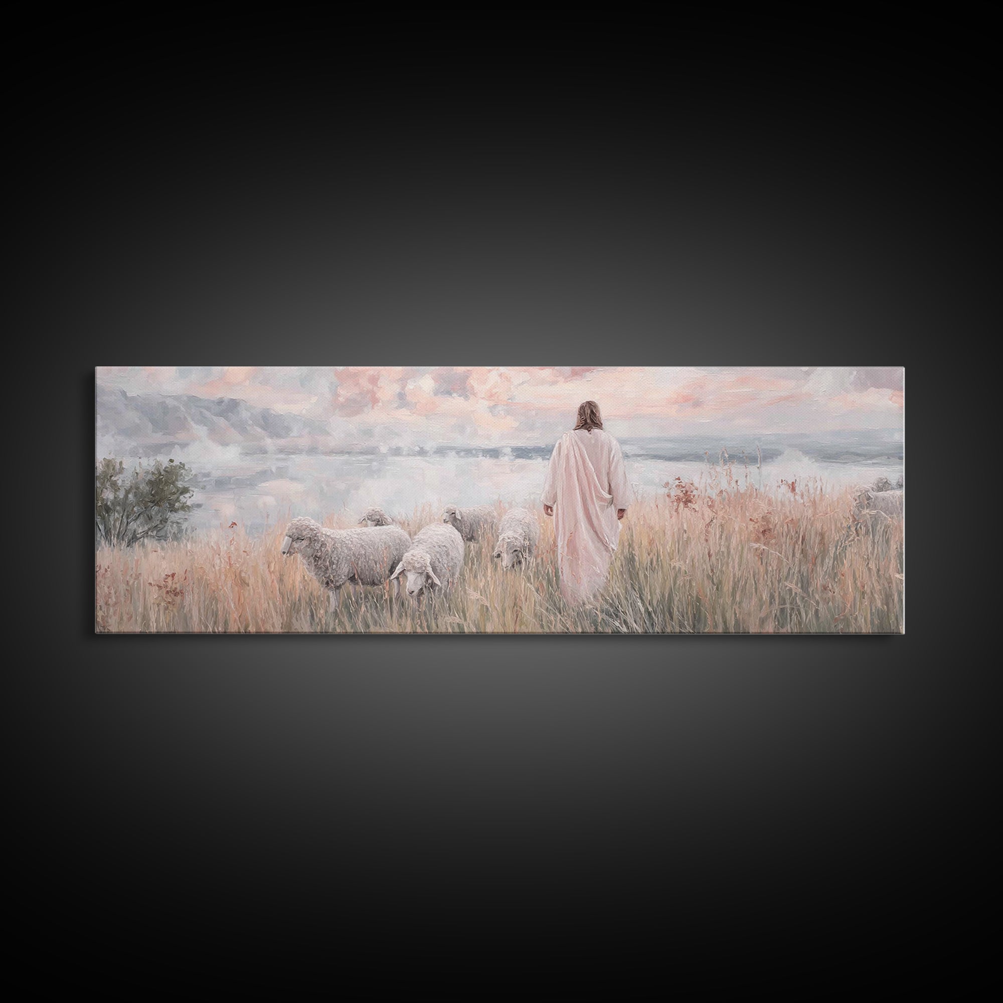Pastures Of Grace – Framed Canvas Print – Christian Wall Art – Panoramic Art – Jesus Painting – Christian Art Canvas – Christian Decor – Ch