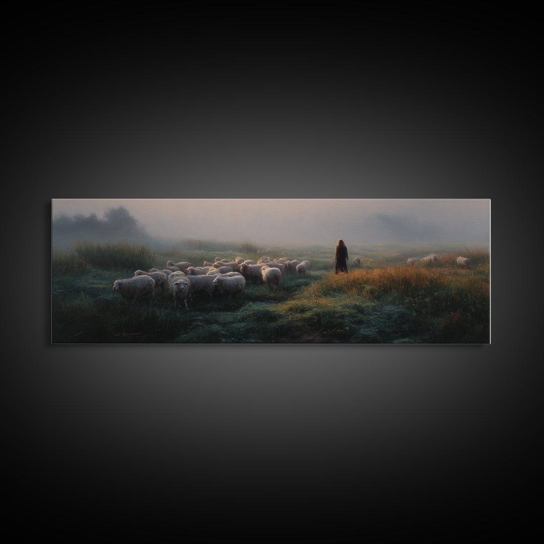 Morning Shepherd Light – Framed Canvas Print – Panoramic Print – Christian Wall Art – Jesus Painting – Christian Art Canvas – Christian Chr