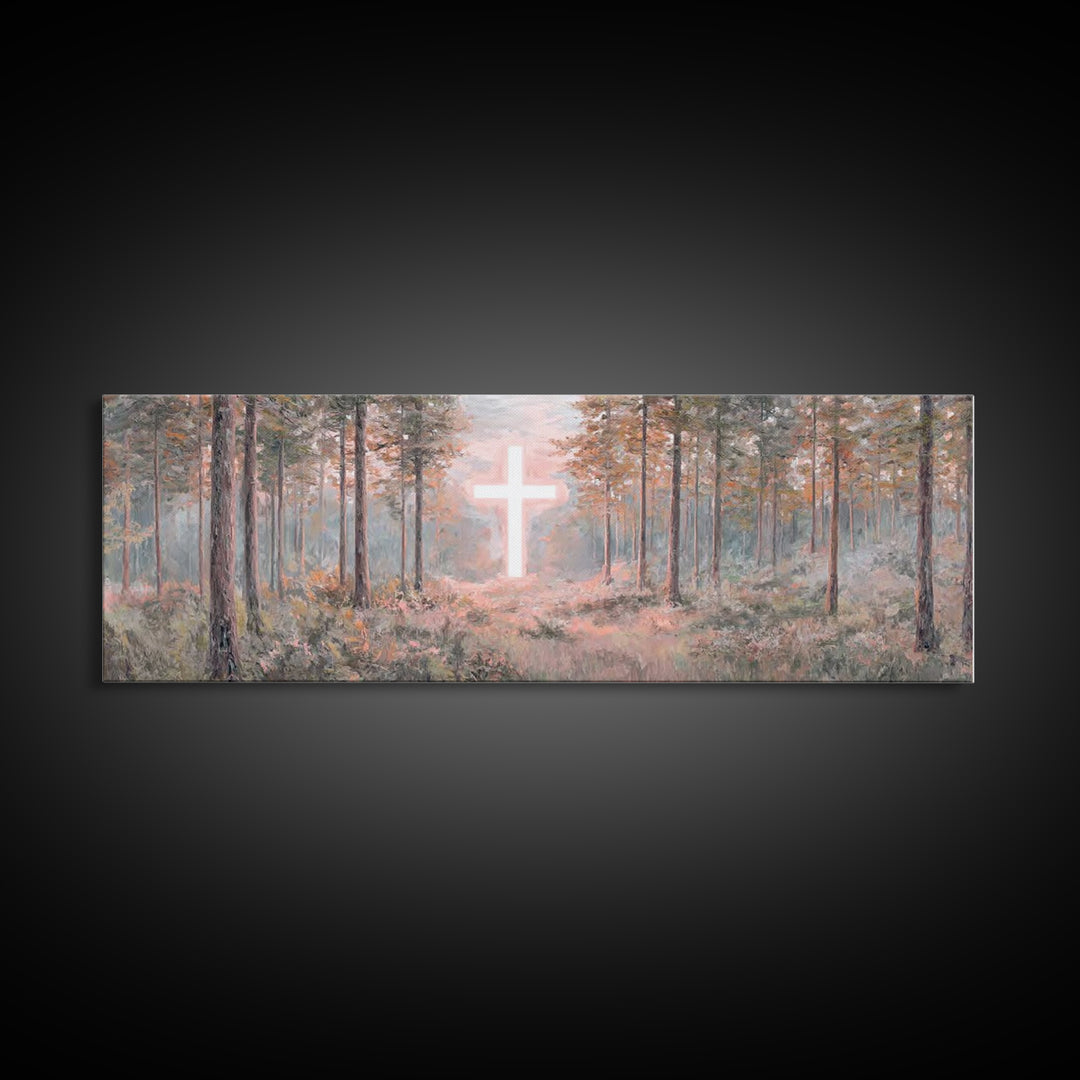 Forest Cross Light, Framed Canvas Print, Panoramic Wall Art, Christian Wall Art, Jesus Painting, Christian Canvas, Christian Art, Faith Art