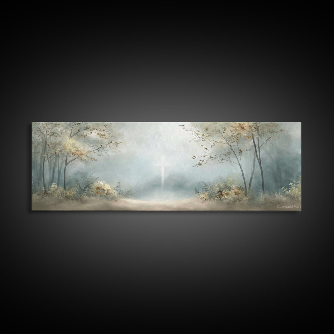 Gentle Morning Cross | Framed Canvas Print | Panoramic Wall Art | Christian Art Canvas | Christian Wall Art | Jesus Painting | Christian De