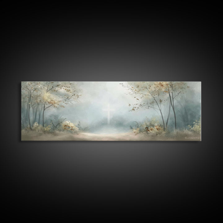 Gentle Morning Cross | Framed Canvas Print | Panoramic Wall Art | Christian Art Canvas | Christian Wall Art | Jesus Painting | Christian De