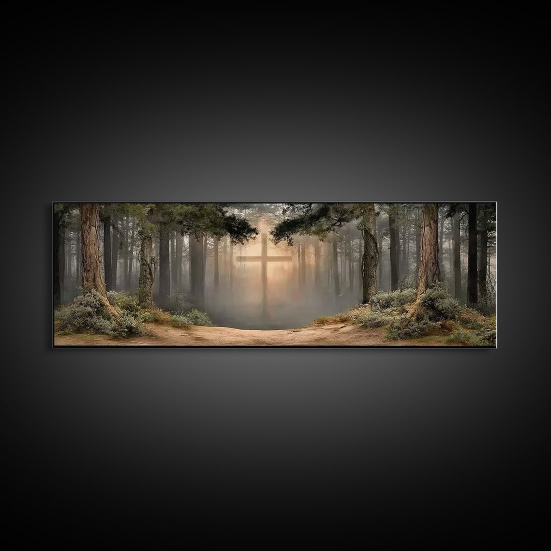 Heavenly Forest Glow, Framed Canvas Print, Panoramic Painting, Christian Wall Art, Christian Canvas, Jesus Painting, Modern Christian Art