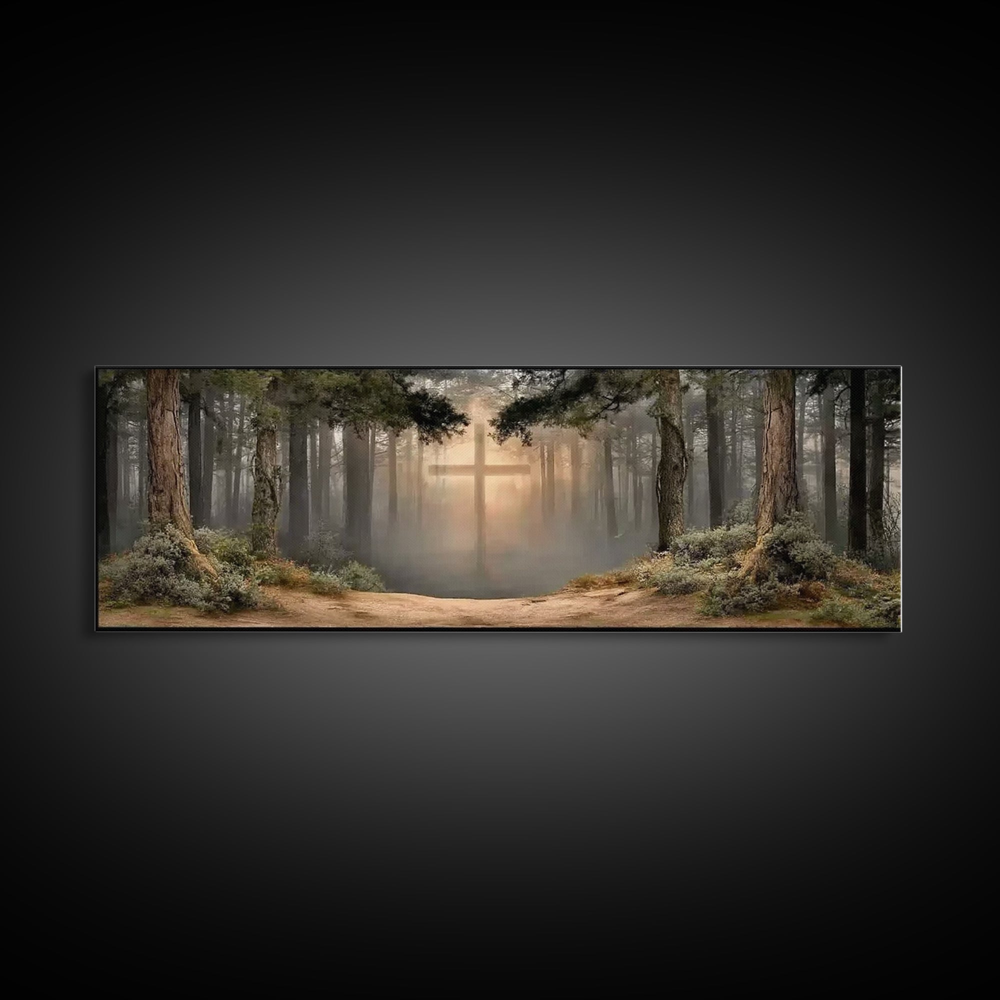 Heavenly Forest Glow, Framed Canvas Print, Panoramic Painting, Christian Wall Art, Christian Canvas, Jesus Painting, Modern Christian Art