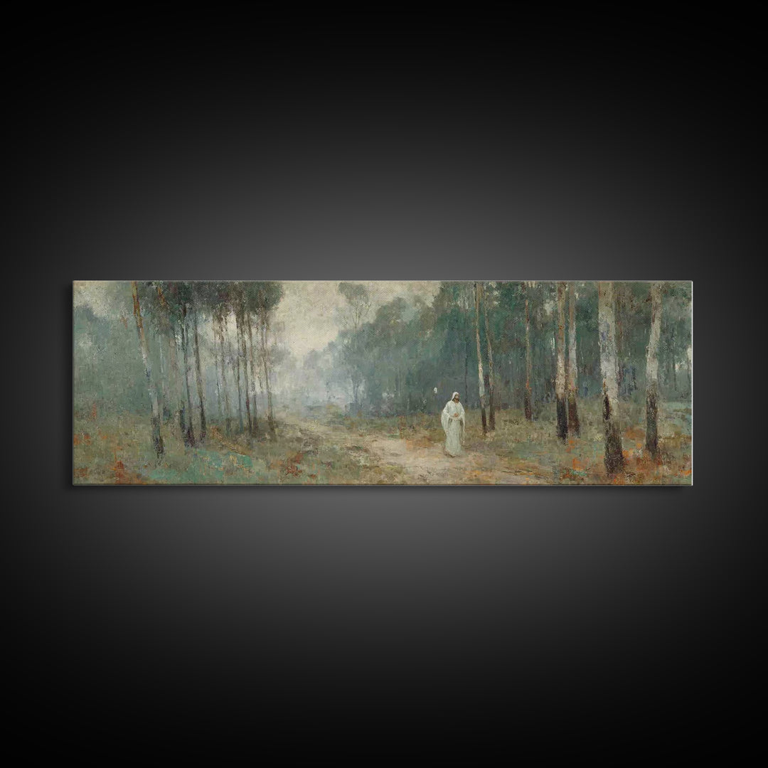 Quiet Woodland Savior, Framed Canvas Print, Panoramic Wall Art, Christian Art Canvas, Christian Wall Art, Jesus Painting, Christian Christm