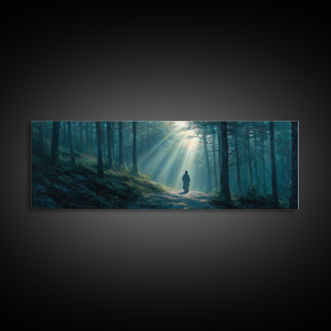 Path Of Divine Light, Framed Canvas Print, Panoramic Wall Art, Christian Wall Art, Jesus Painting, Christian Art Canvas, Modern Christian A