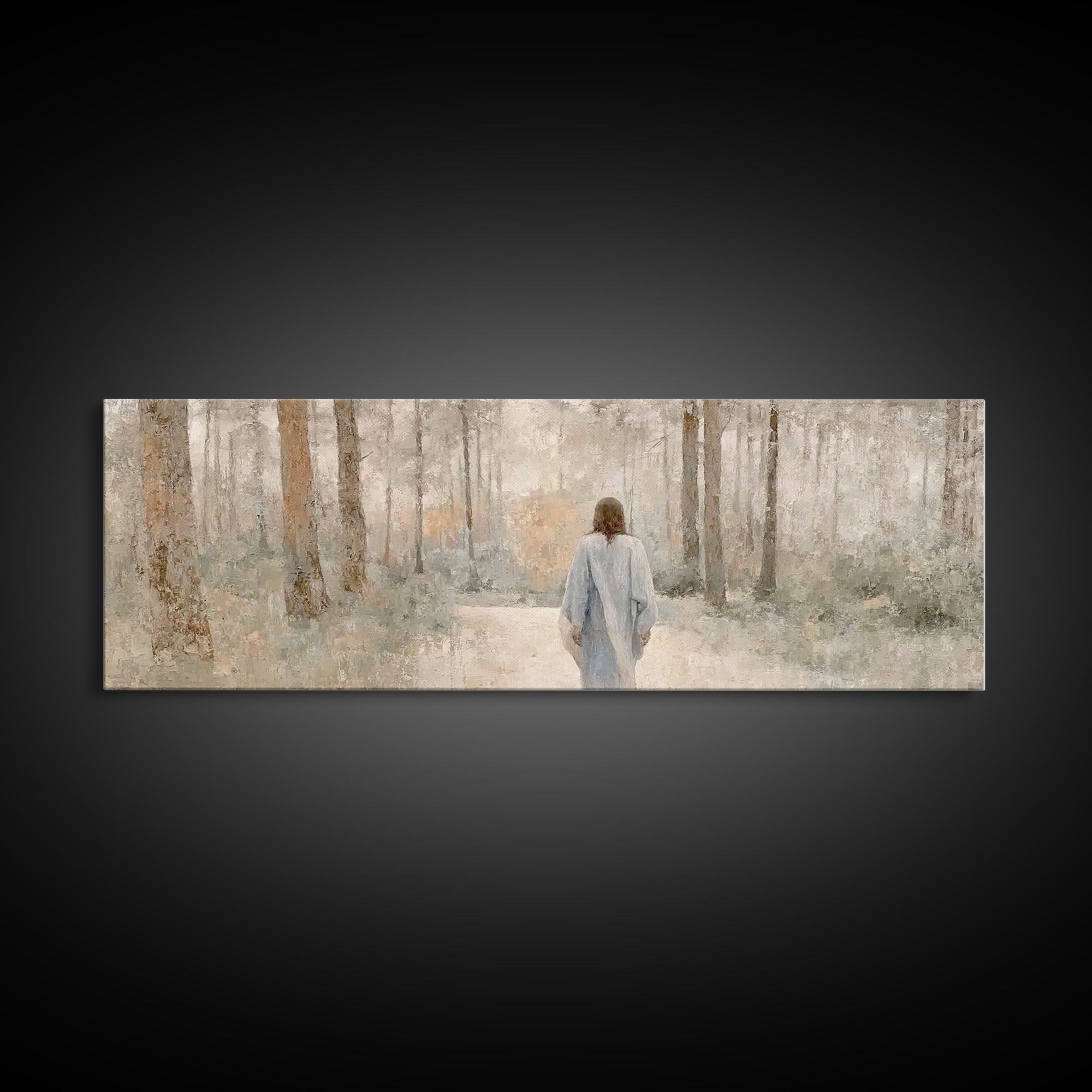 Soft Winter Walk - Framed Canvas Print - Panoramic Art - Christian Art Canvas - Christian Wall Art - Jesus Painting - Subtle Christian Art