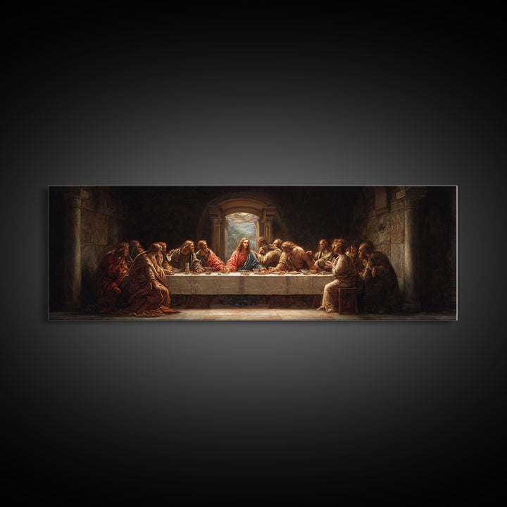 Sacred Supper Moment, Framed Canvas Print, Panoramic Painting, Christian Wall Art, Jesus Painting, Christian Art Canvas, Modern Christian A