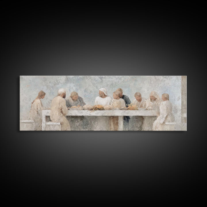 Quiet Table Fellowship – Framed Canvas Print – Panoramic Wall Art – Christian Art Canvas – Jesus Painting – Christmas Wall Art – Christian