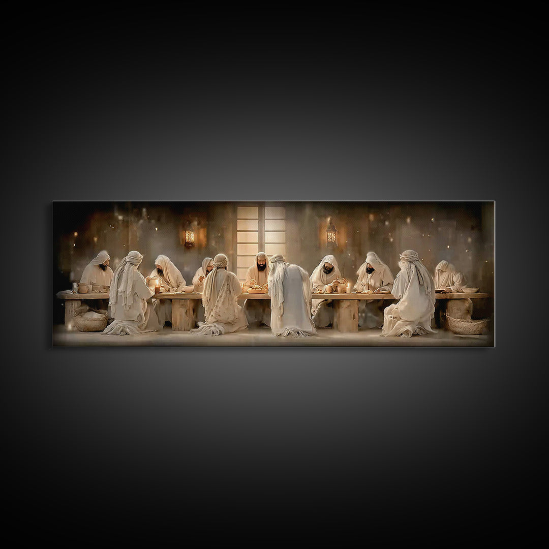 Lantern Lit Gathering | Framed Canvas Print | Panoramic Painting | Christian Wall Art | Jesus Canvas Art | Christian Christmas Art | Christ