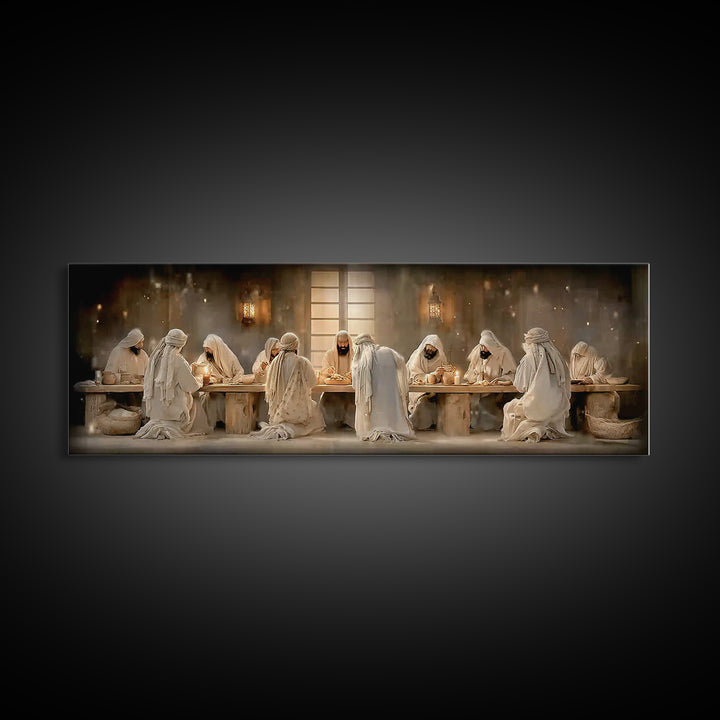 Lantern Lit Gathering | Framed Canvas Print | Panoramic Painting | Christian Wall Art | Jesus Canvas Art | Christian Christmas Art | Christ