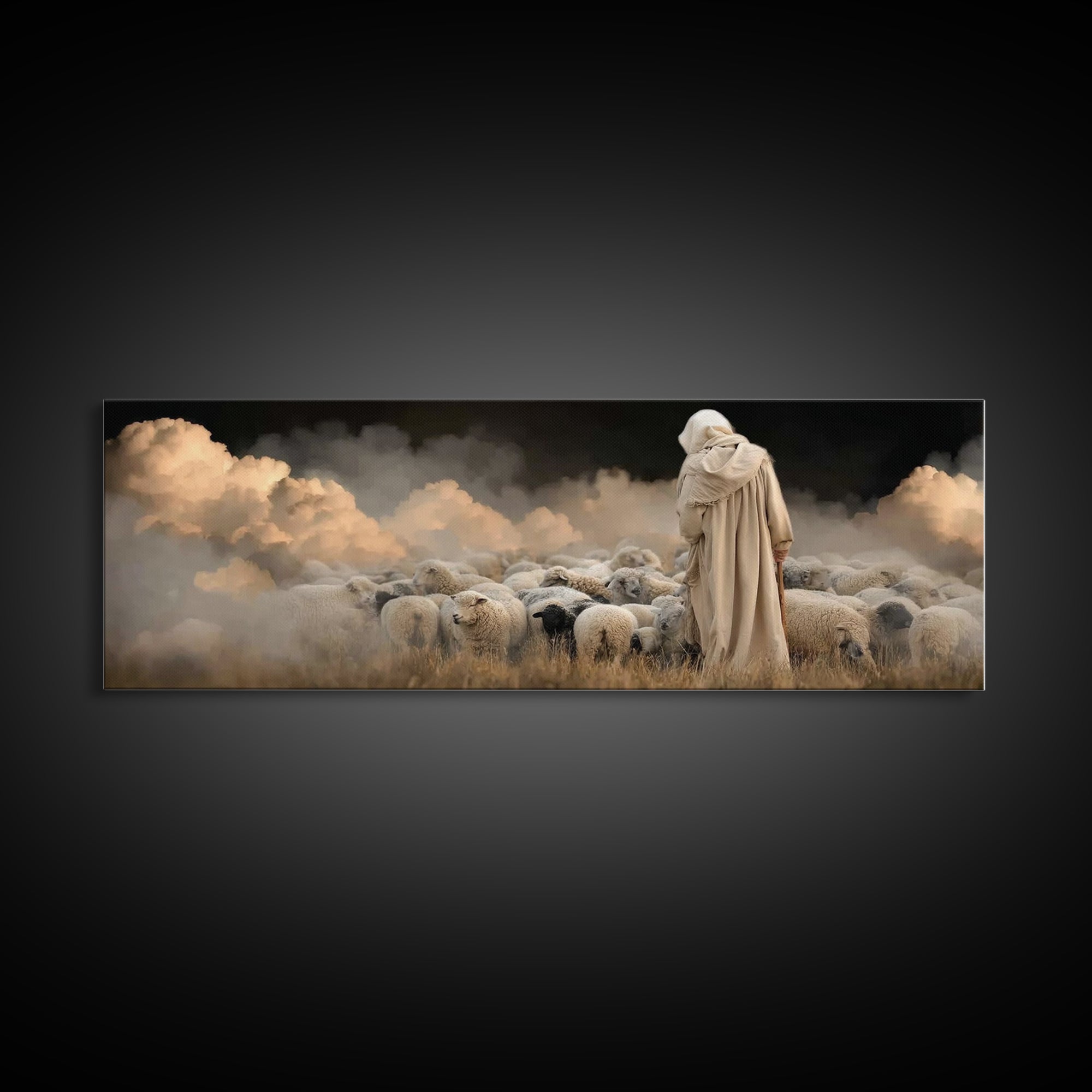 Guardian Of Flock – Framed Canvas Print – Panoramic Art – Jesus Canvas Art – Christian Wall Art – Christian Christmas Decor – Christian Pai