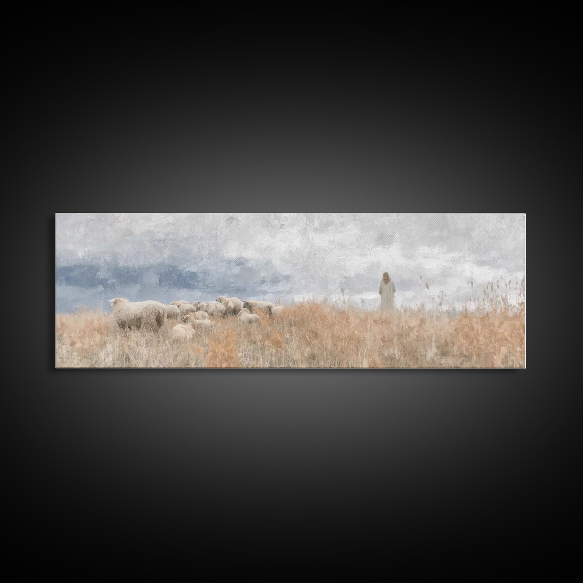 Shoreline Shepherd Dawn | Framed Canvas Print | Panoramic Frame | Christian Art Canvas | Jesus Painting | Christian Wall Art | Subtle Chris