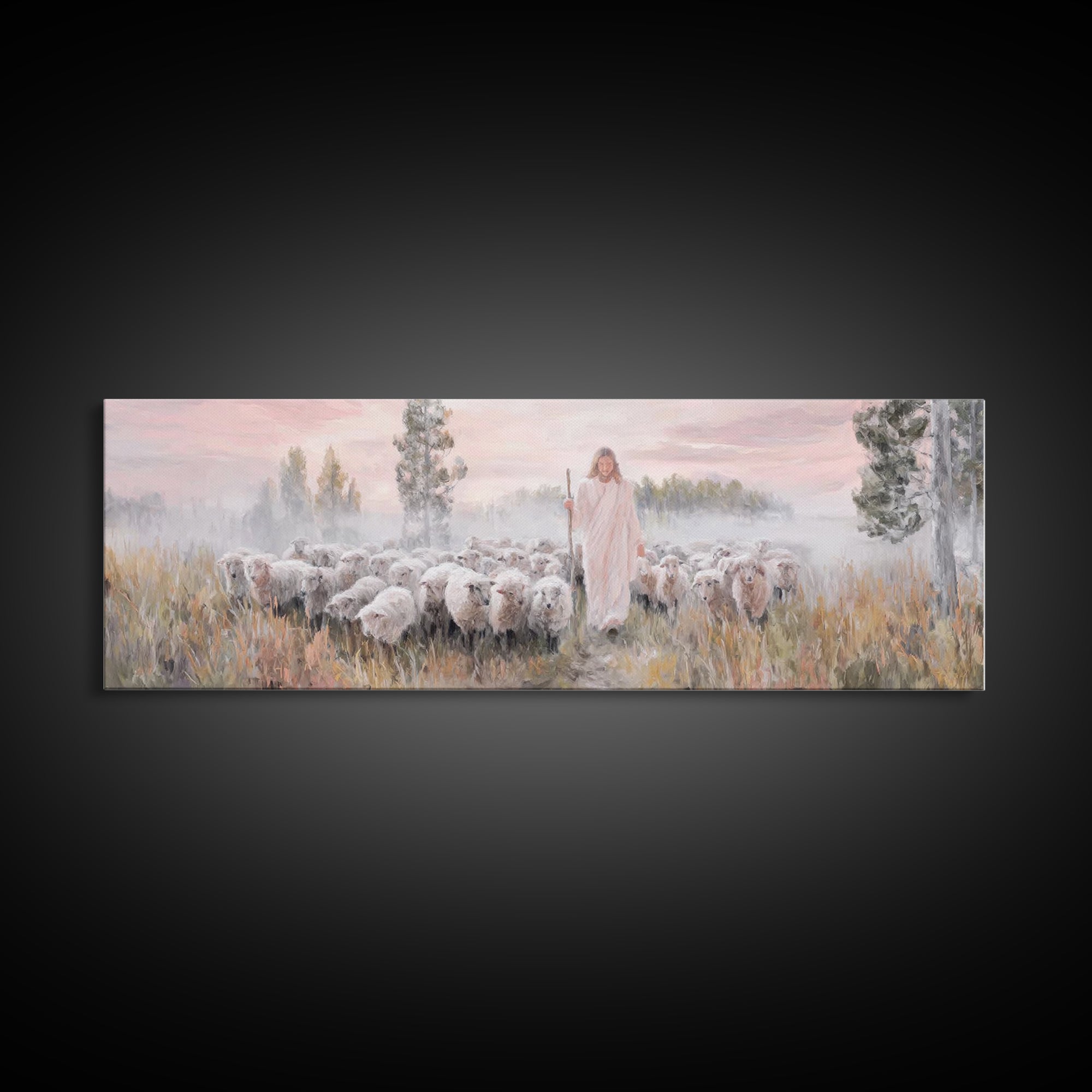 Radiant Shepherd Light, Framed Canvas Print, Panoramic Wall Art, Jesus Canvas Art, Christian Art, Christian Christmas Art, Modern Christian