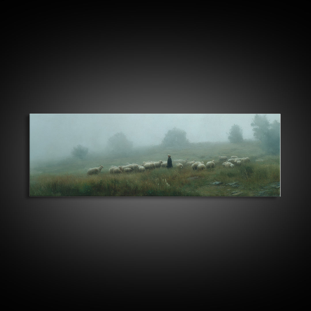 Shepherds In Mist | Framed Canvas Print | Panoramic Art | Christian Wall Art | Christian Art Canvas | Jesus Painting | Subtle Christian Art