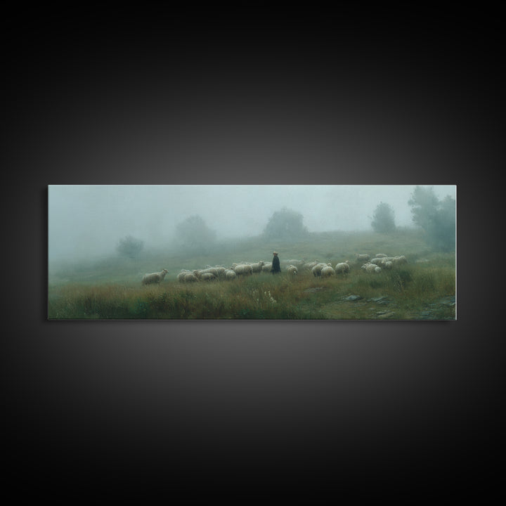 Shepherds In Mist | Framed Canvas Print | Panoramic Art | Christian Wall Art | Christian Art Canvas | Jesus Painting | Subtle Christian Art