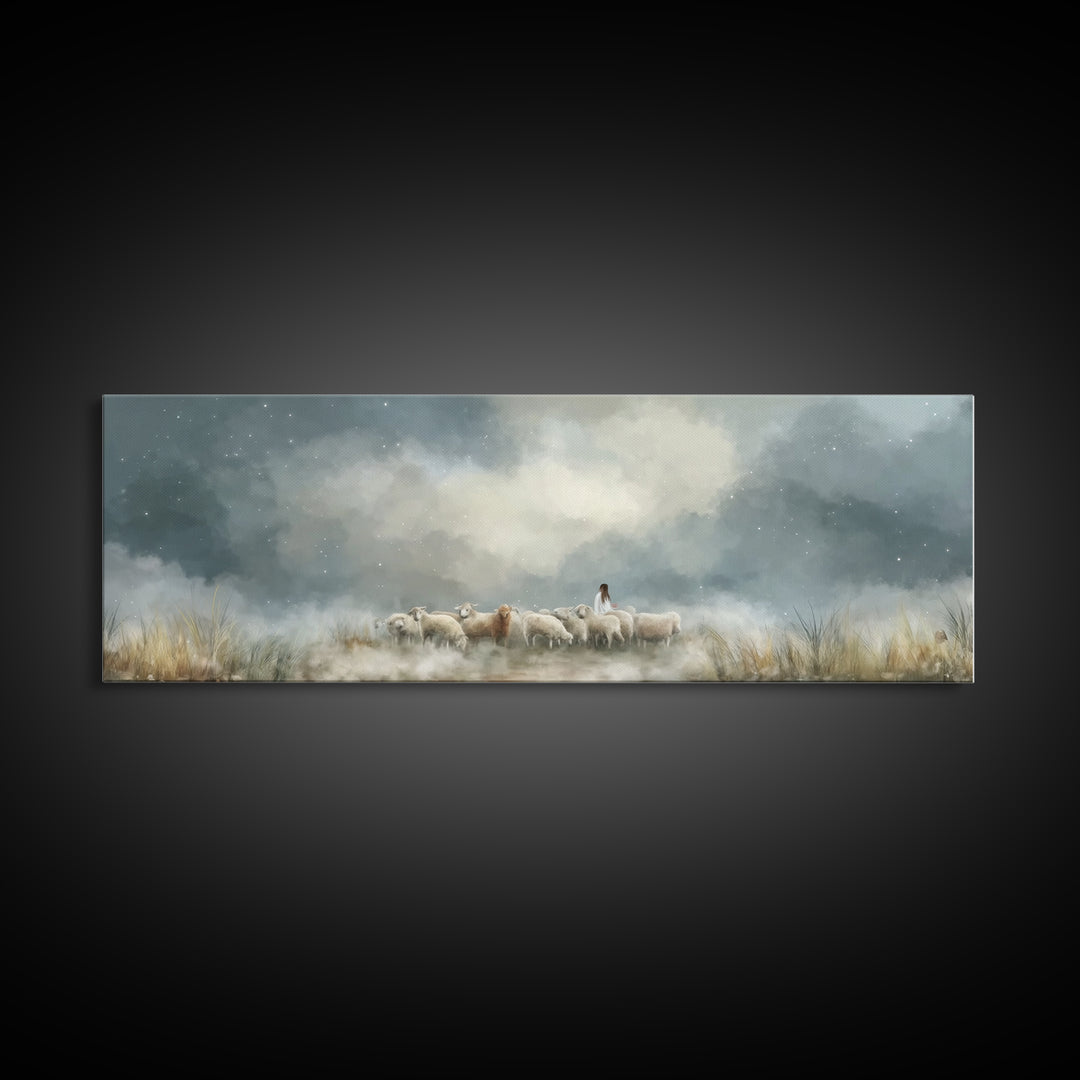 Starry Night Flock – Framed Canvas Print – Panoramic Wall Art – Christian Art Canvas – Christian Christmas Art – Jesus Painting – Christian