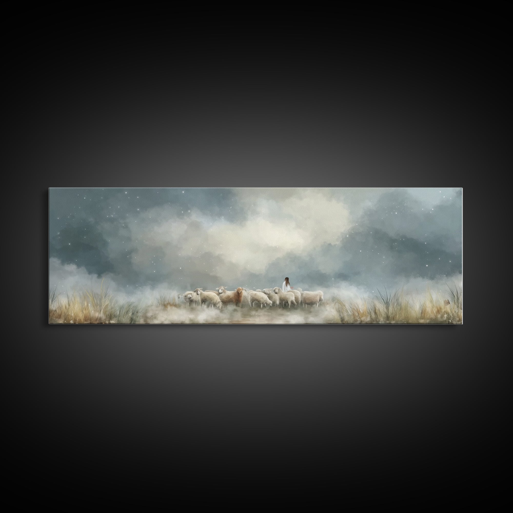 Starry Night Flock – Framed Canvas Print – Panoramic Wall Art – Christian Art Canvas – Christian Christmas Art – Jesus Painting – Christian