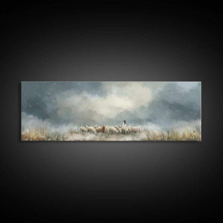 Starry Night Flock – Framed Canvas Print – Panoramic Wall Art – Christian Art Canvas – Christian Christmas Art – Jesus Painting – Christian