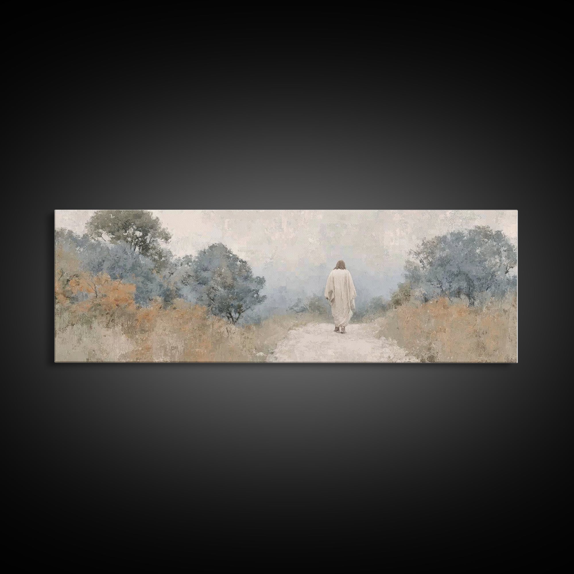 Quiet Garden Walk, Framed Canvas Print, Panoramic Wall Art, Christian Art Canvas, Modern Christian Painting, Christian Gift Ideas, Christia