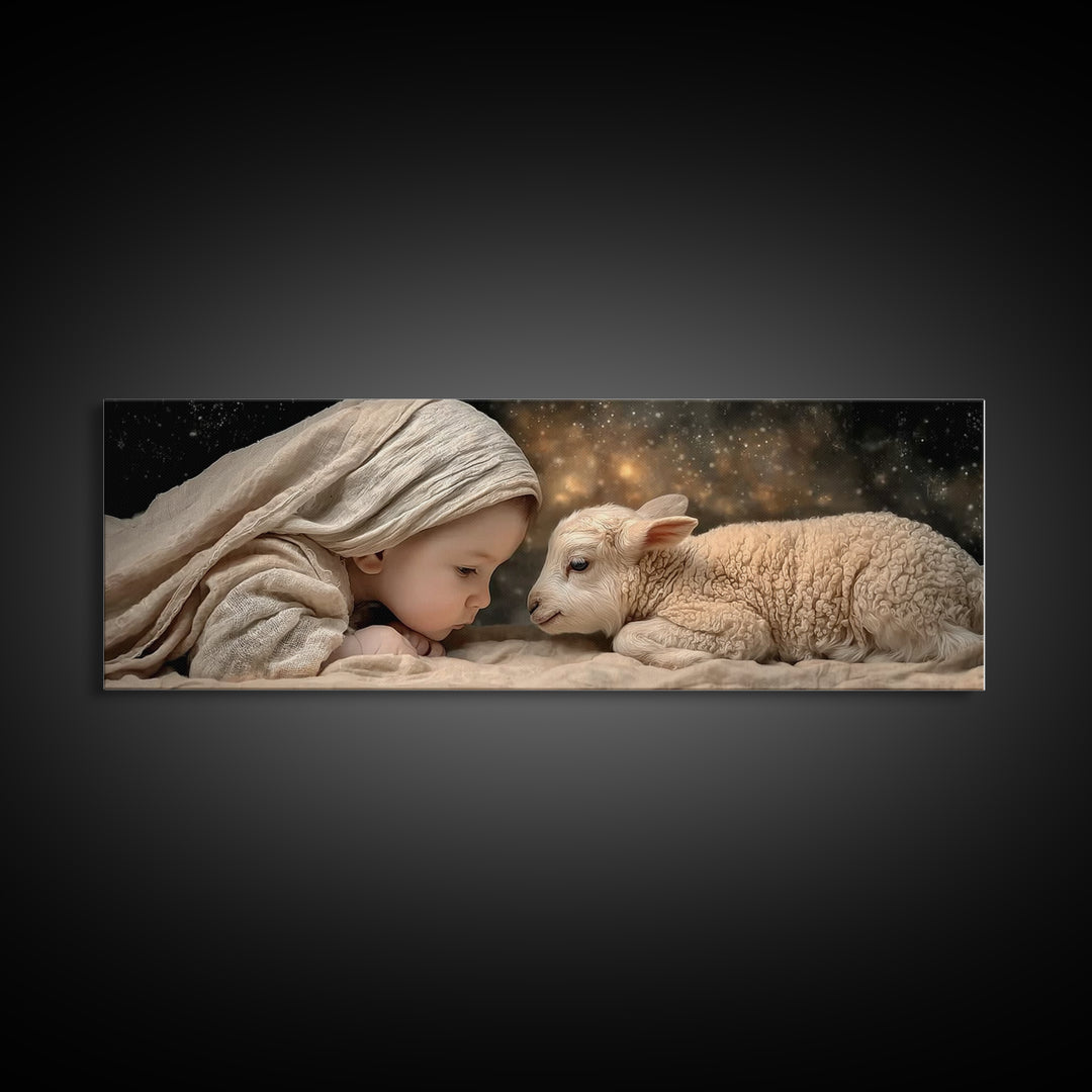 Little Lamb Blessing – Framed Canvas Print – Christian Painting – Panoramic Wall Art – Christmas Art – Christian Art Gift – Christian Decor