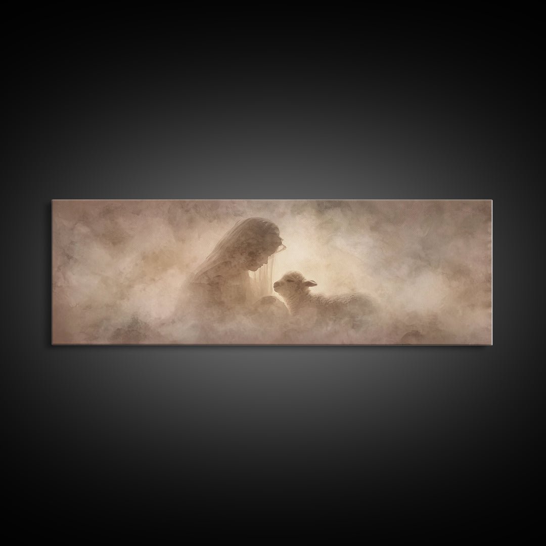 Sacred Embrace, Framed Canvas Print, Christian Christmas Art, Panoramic Painting, Christian Wall Art, Framed Christian Art, Christmas Art