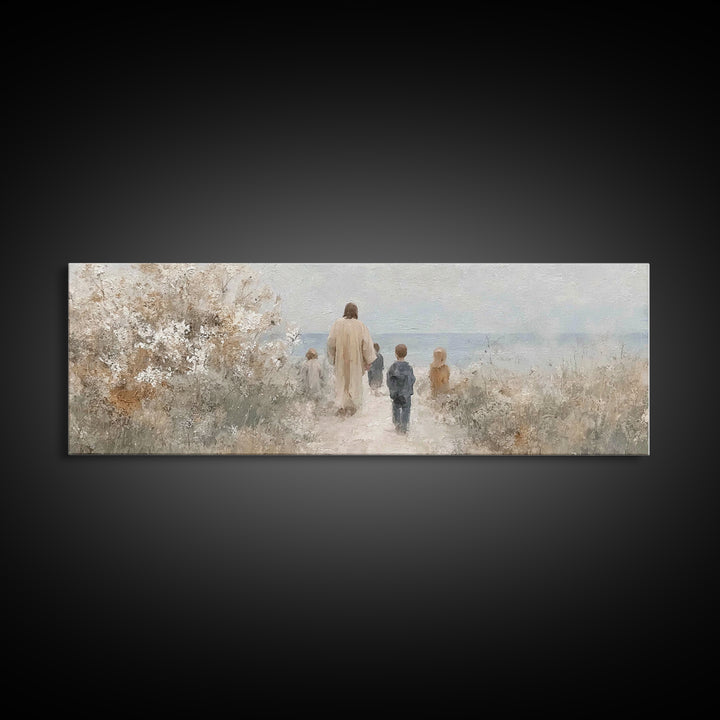 Silent Footsteps, Framed Canvas Print, Christian Art Canvas, Panoramic Painting, Jesus Wall Art, Christian Art Gift, Christmas Art