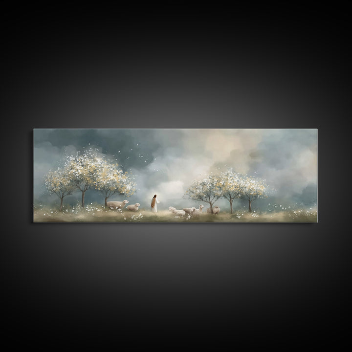 Radiant Shepherd Light – Framed Canvas Print – Christian Art Canvas – Panoramic Painting – Jesus Wall Art – Christian Christmas Art