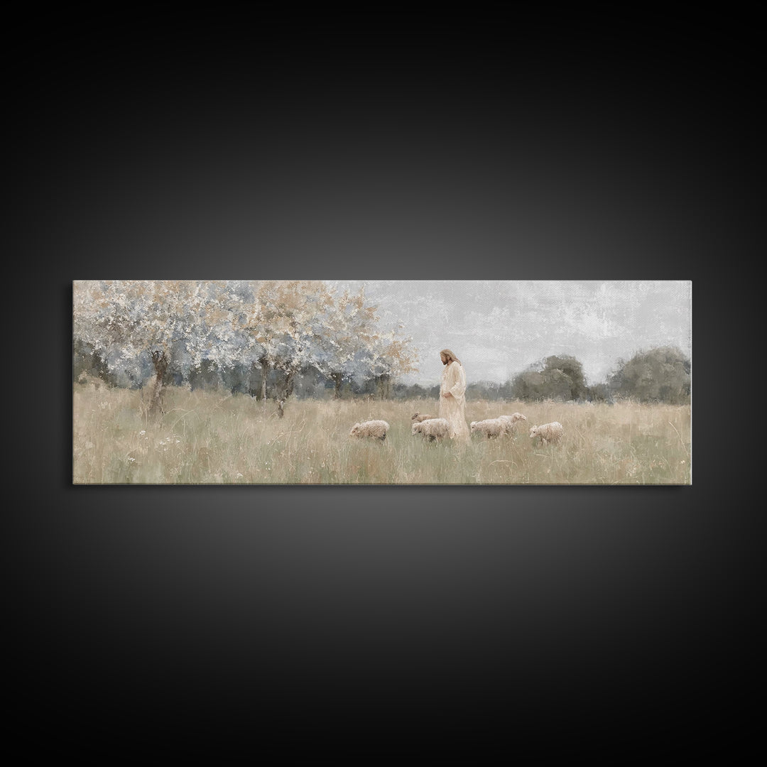 Heavenly Pastures | Framed Canvas Print | Christian Wall Art | Panoramic Art | Jesus Painting | Christian Art Canvas | Christmas Art