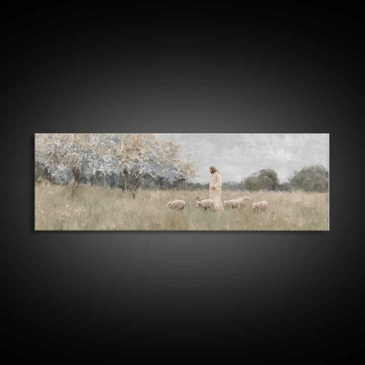 Heavenly Pastures | Framed Canvas Print | Christian Wall Art | Panoramic Art | Jesus Painting | Christian Art Canvas | Christmas Art
