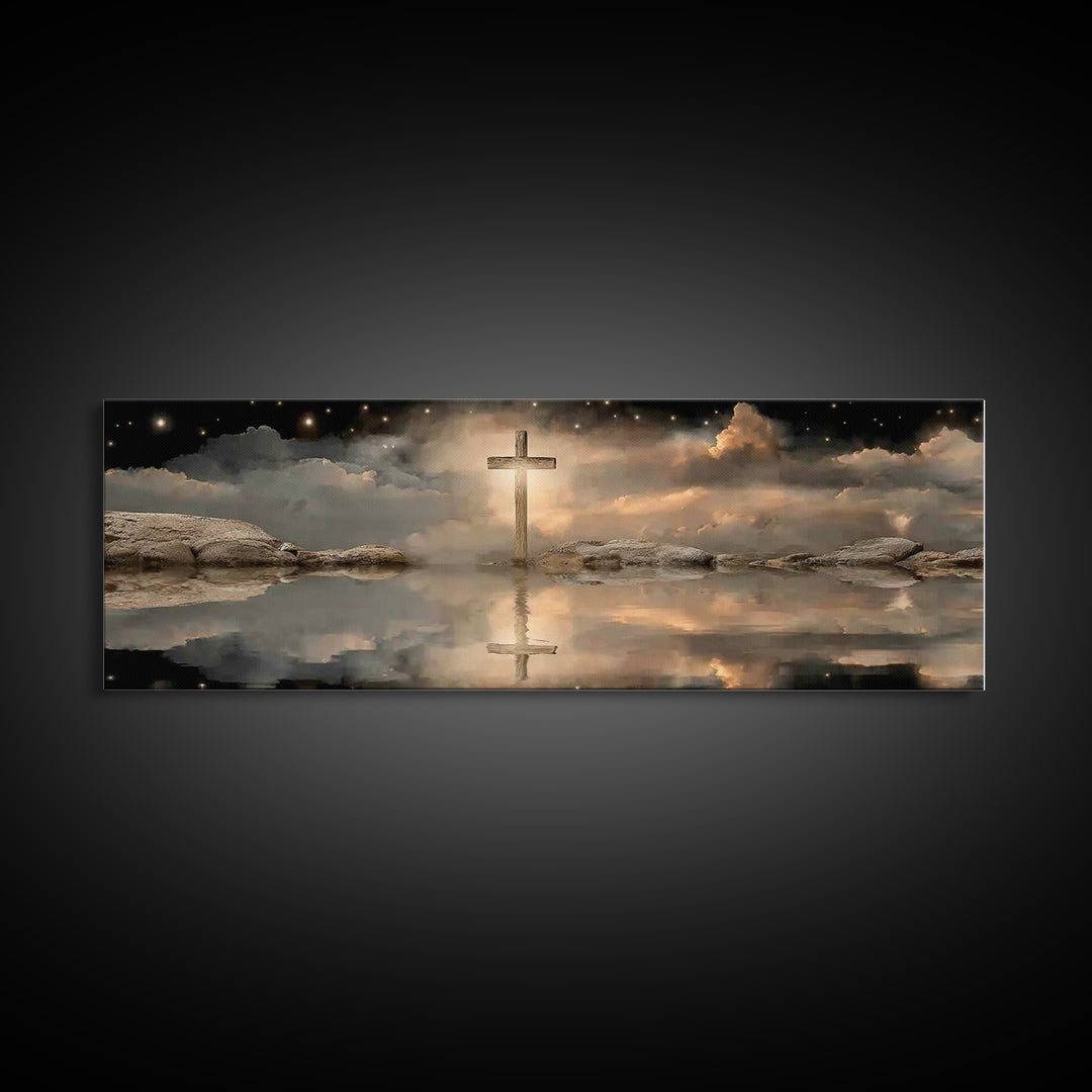 Night Of The Cross – Framed Canvas Print – Panoramic Wall Art – Christian Art Canvas – Christian Painting – Christmas Art – Christian Decor