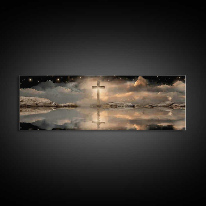 Night Of The Cross – Framed Canvas Print – Panoramic Wall Art – Christian Art Canvas – Christian Painting – Christmas Art – Christian Decor