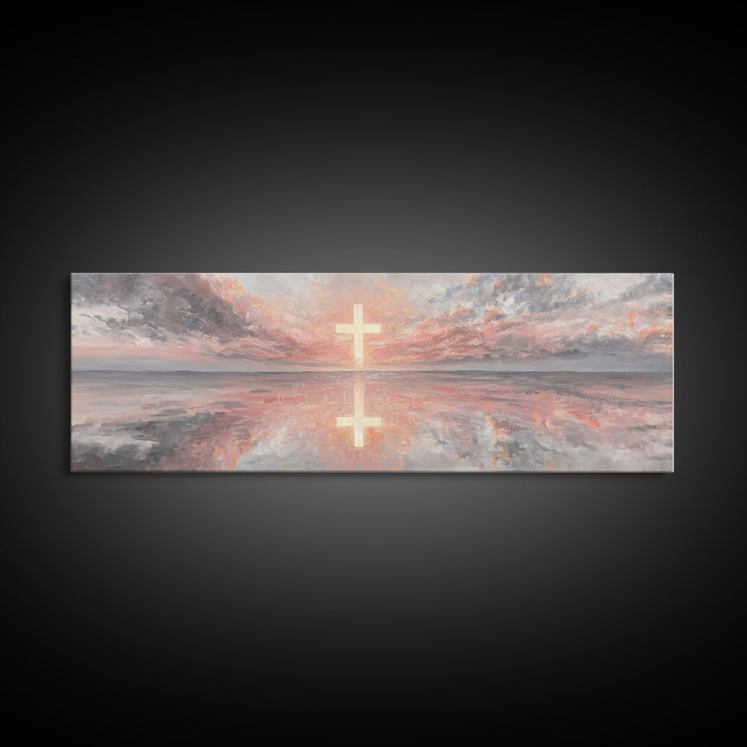 Radiant Cross Sky | Framed Canvas Print | Christian Art Canvas | Panoramic Wall Art | Christian Painting | Christian Decor | Christmas Art