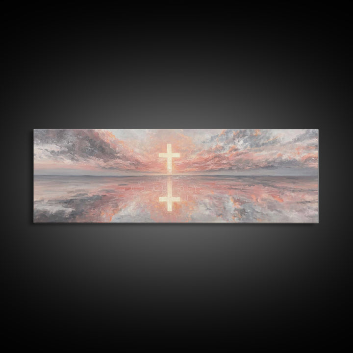 Radiant Cross Sky | Framed Canvas Print | Christian Art Canvas | Panoramic Wall Art | Christian Painting | Christian Decor | Christmas Art