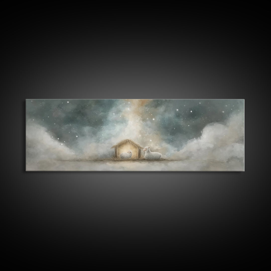 Starry Holy Night, Framed Canvas Print, Christian Wall Art, Panoramic Painting, Christian Christmas Art, Christian Art Print, Jesus Canvas