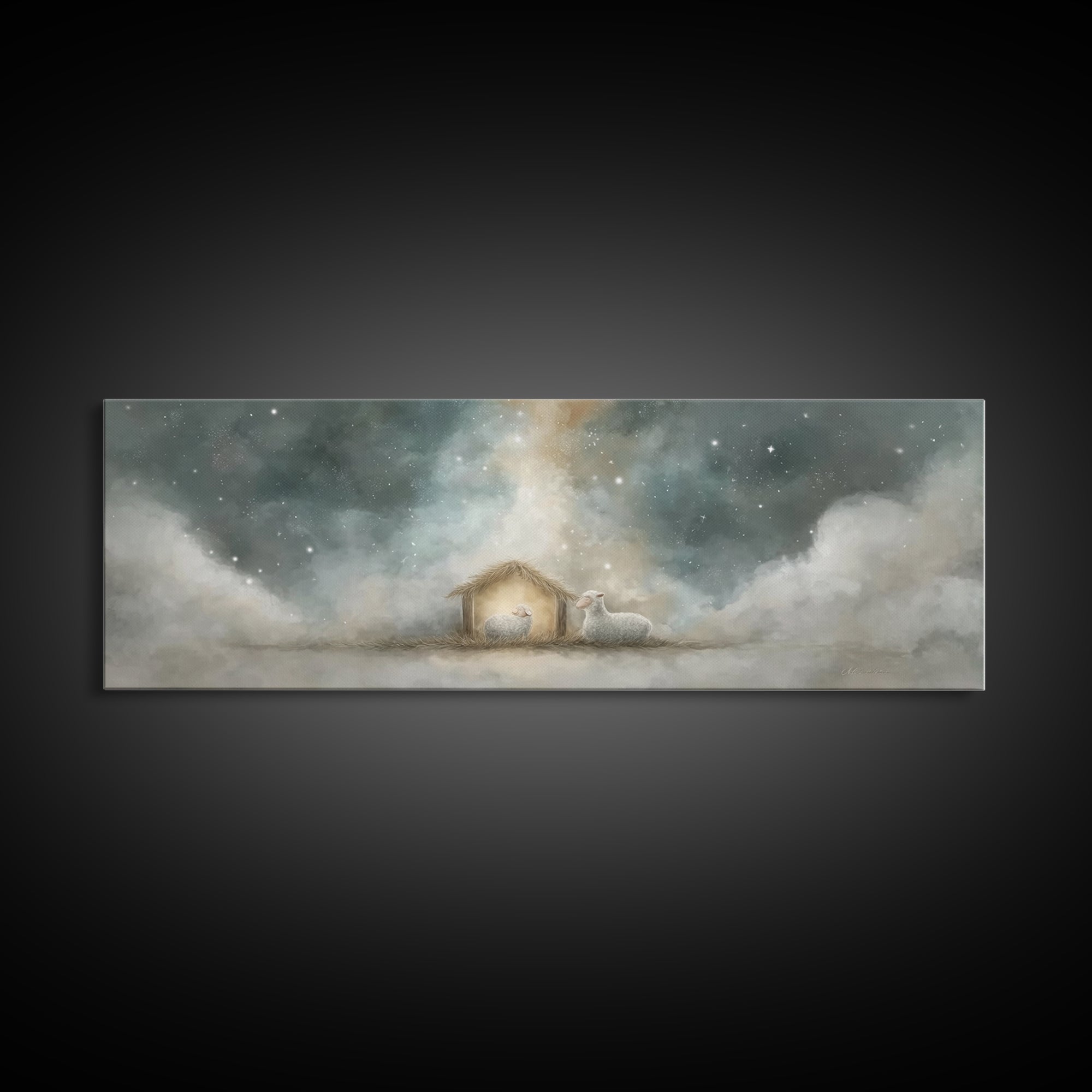Starry Holy Night, Framed Canvas Print, Christian Wall Art, Panoramic Painting, Christian Christmas Art, Christian Art Print, Jesus Canvas