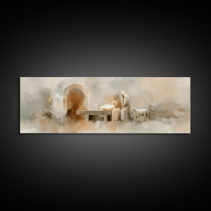 Sacred Manger Light – Framed Canvas Print – Christmas Art – Panoramic Frame – Christian Christmas Decor – Christian Painting – Christian Ar