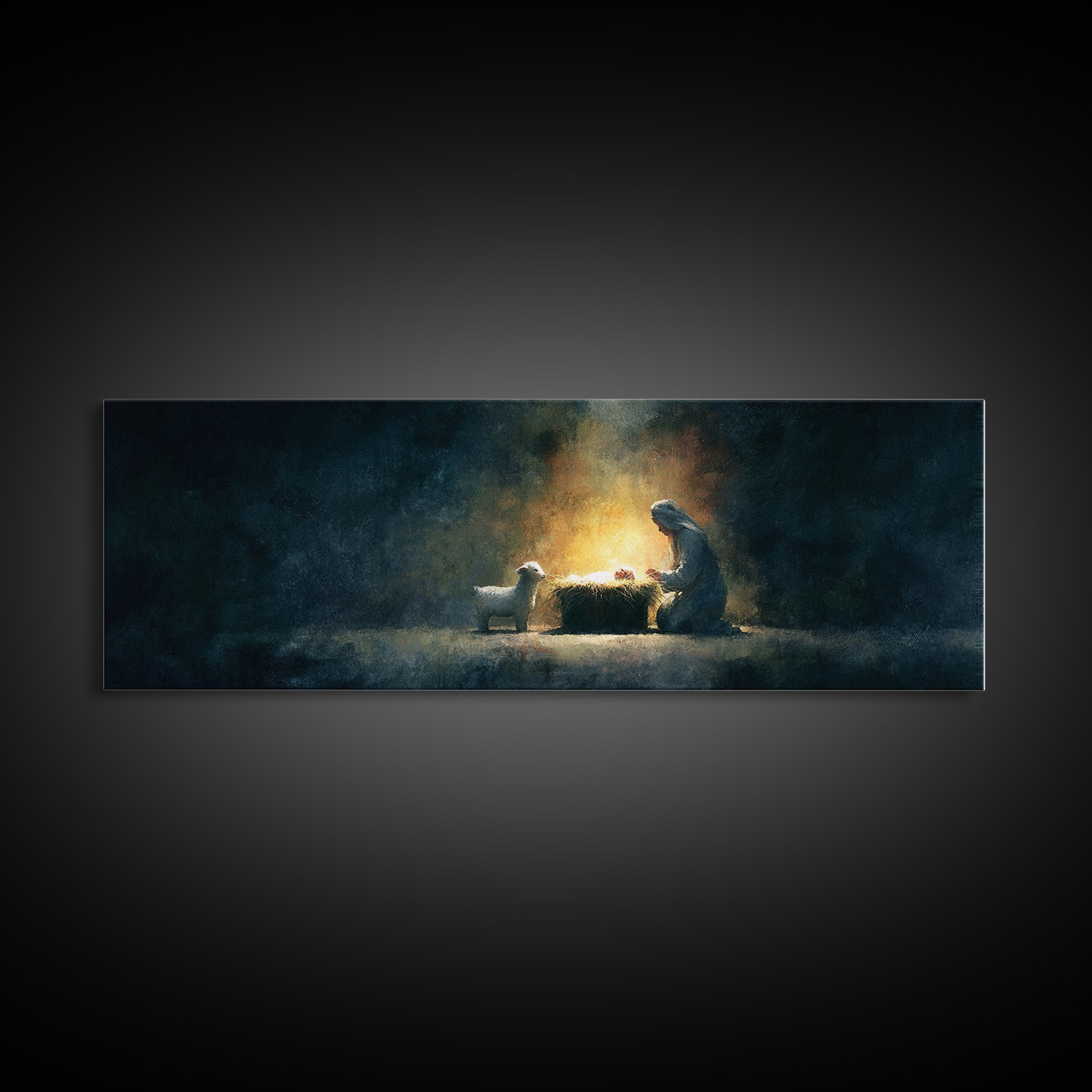 Silent Nativity Glow – Framed Canvas Print – Panoramic Art – Christian Wall Art – Christmas Art – Christian Art Print – Jesus Christmas Art