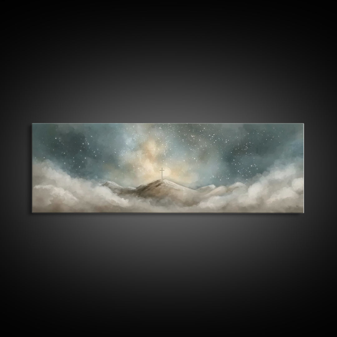 Starlit Redemption | Framed Canvas Print | Christian Wall Art | Jesus Painting | Christian Art Print | Christmas Art | Panoramic Wall Art