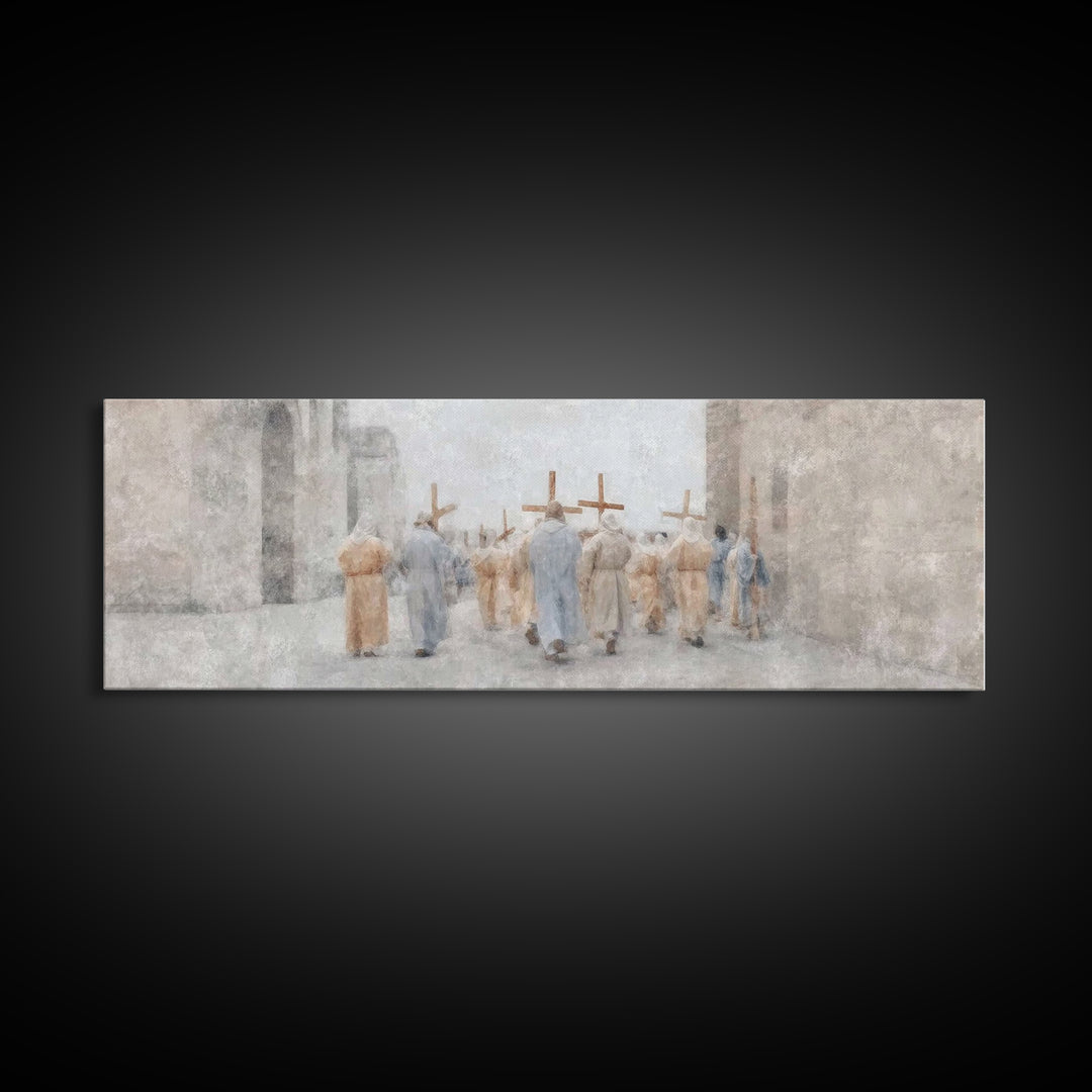 Pilgrims Of Light, Framed Canvas Print, Christian Wall Art, Christian Art Canvas, Panoramic Painting, Modern Christian Art