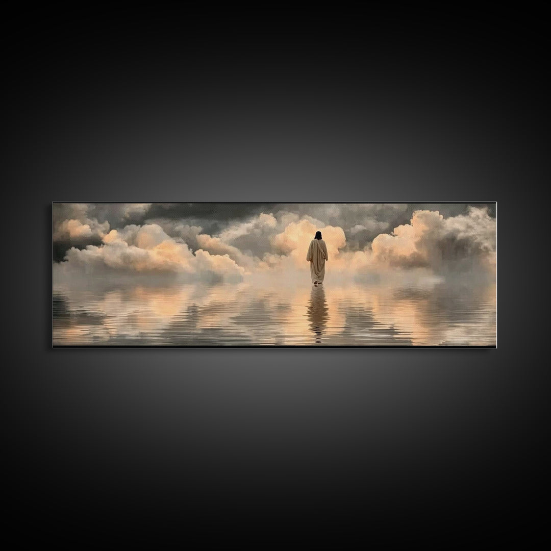 Silent Shore Walk | Framed Canvas Print | Christian Art Print | Panoramic Frame | Jesus Canvas Art | Christian Wall Art