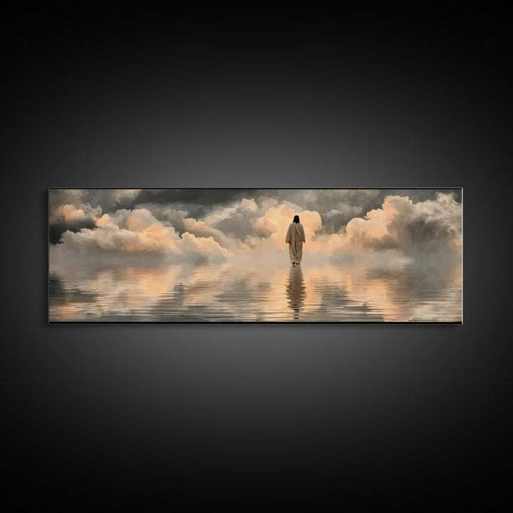 Silent Shore Walk | Framed Canvas Print | Christian Art Print | Panoramic Frame | Jesus Canvas Art | Christian Wall Art