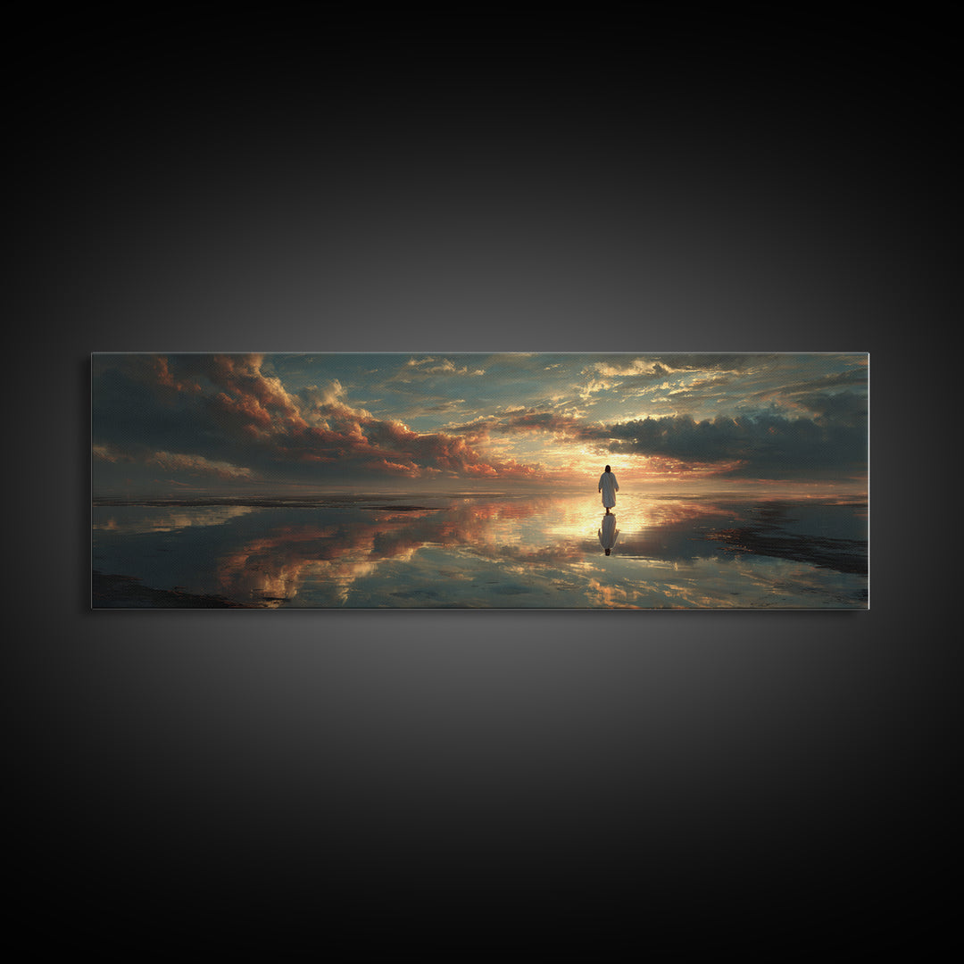 Radiant Horizon Walk, Framed Canvas Print, Jesus Wall Art, Panoramic Art, Christian Art Canvas, Moody Christian Art