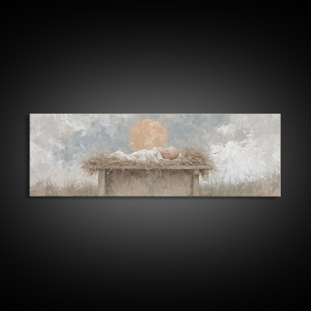Radiant Manger Peace | Framed Canvas Print | Christian Christmas Art | Christian Wall Art | Christmas Canvas Wall Art | Panoramic Art | Chr