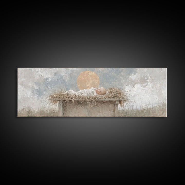 Radiant Manger Peace | Framed Canvas Print | Christian Christmas Art | Christian Wall Art | Christmas Canvas Wall Art | Panoramic Art | Chr