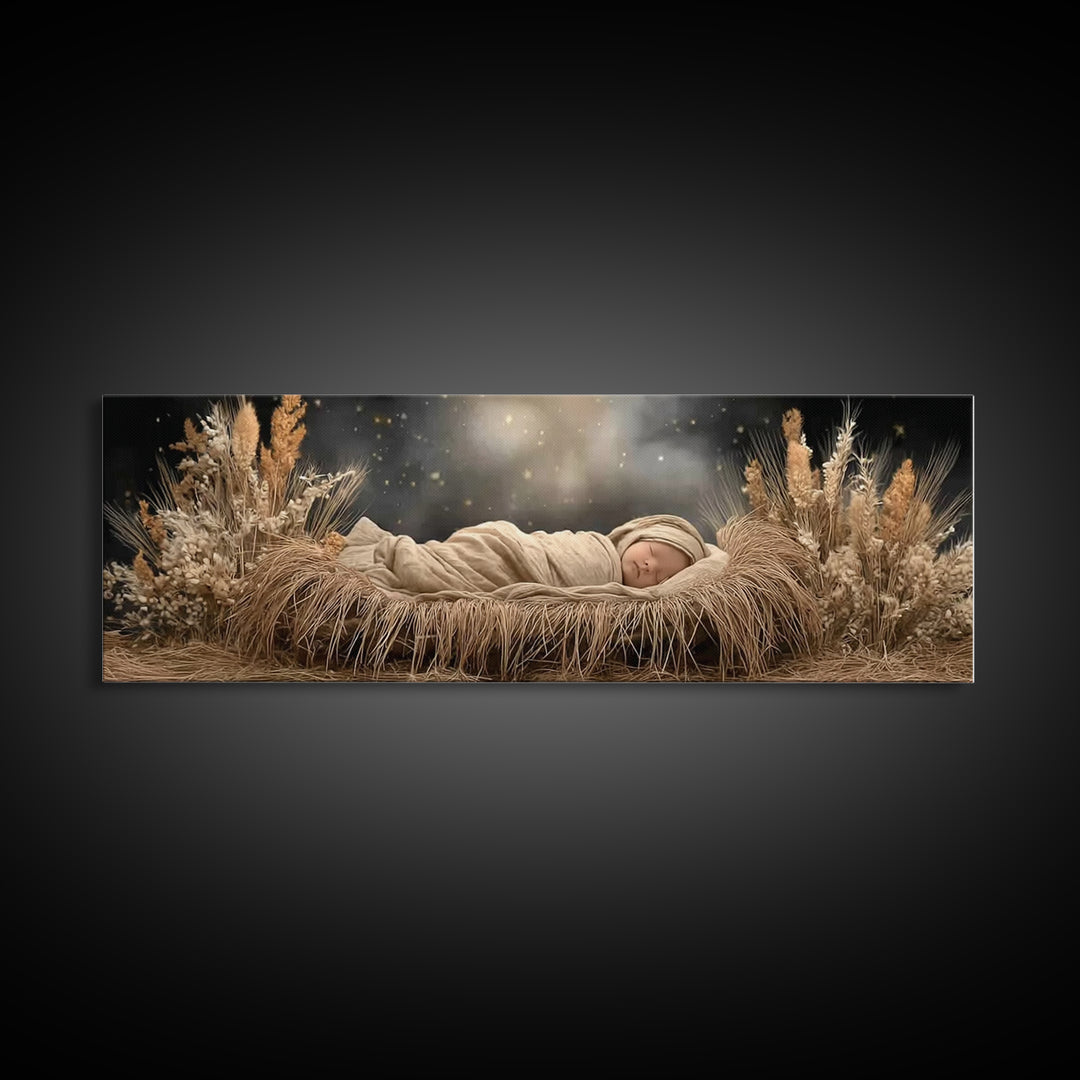 Starry Night Cradle, Framed Canvas Print, Christian Wall Art, Jesus Christmas Art, Christian Art Canvas, Panoramic Painting, Christian Chri