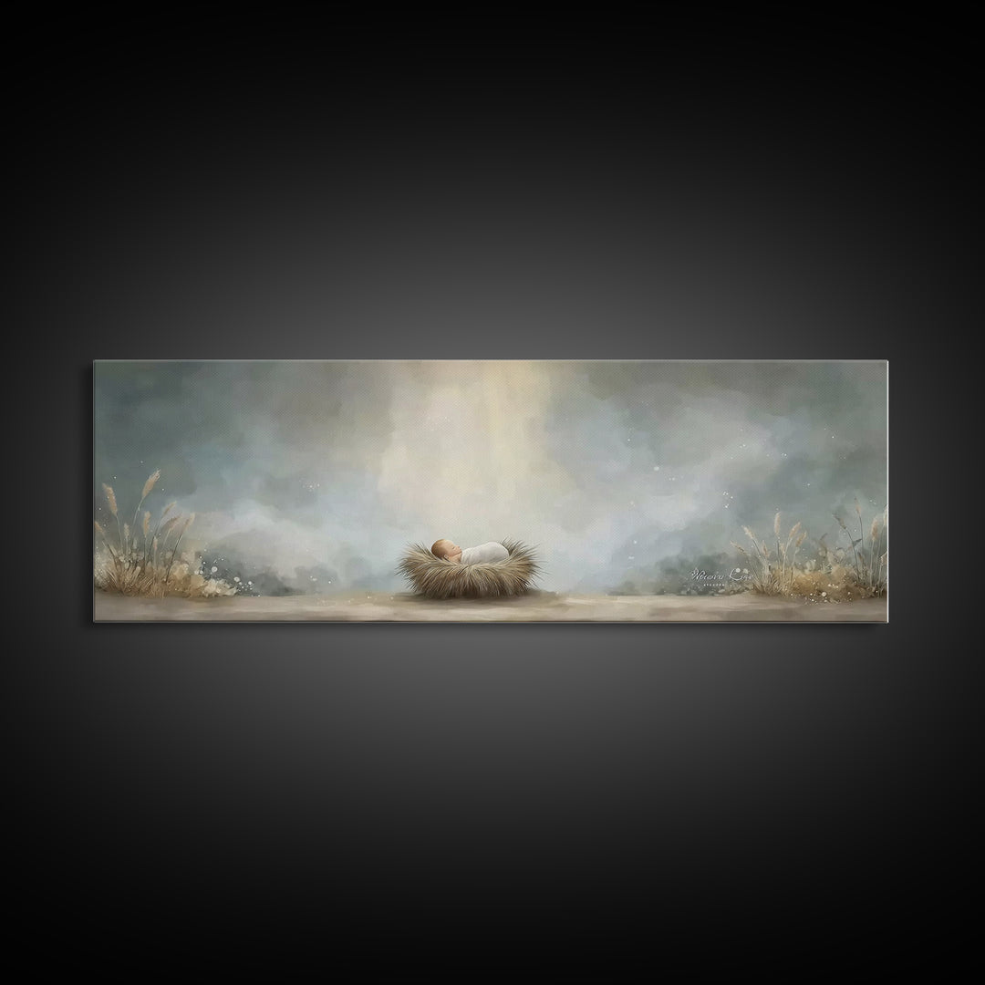 Heavenly Dawn Cradle – Framed Canvas Print – Christian Art – Panoramic Wall Art – Christian Christmas Art – Christian Art Canvas – Christma